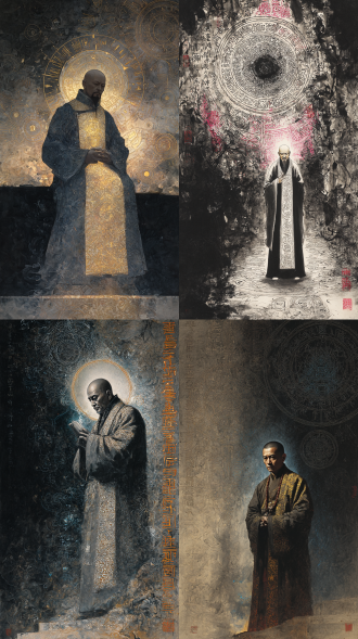 一位和尚处于画面中心，半身特写视角下，其周围环绕着复杂且细致的符文、法纹、禁制和经文，这些元素如同活的一般在空中闪烁。和尚穿着一件设计独特的长袍，上面布满了发光纹理和神秘图案。背景简约但魔幻氛围浓郁，整体色调偏暗，营造出一种压抑、紧张的气氛。运用厚涂技法配合细腻的水墨渲染，让画面质感更加丰富。融入神明形象，提升画面层次感。