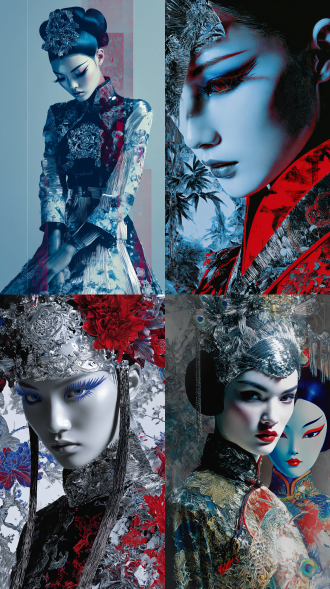 融合时尚概念设计元素的主体，放置于干净背景中且背景偶尔穿插金属纤维质感暗色部分并融入精致唯美异域山水等旖旎古风元素的场景，anselm reyle与hajime sorayama风格结合，前卫艺术与先锋艺术风格，对称构图镜头，超现实主义、艺术韵律氛围，极简主义、材质拼接、精致唯美、国风美学修饰，国漫风格人物，浓眉大眼丹凤眼，长睫毛，倾国倾城，红青色系，