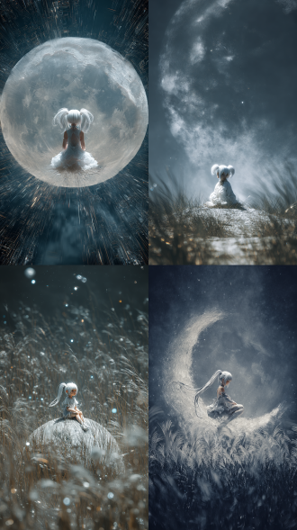 一大片草地，草地中央一巨大月亮上坐着一个白色卷发双马尾小女孩，治愈系，唯美艺术概念作品，顶级电影大片即视感。神性。图片中人物保持动态模糊，数字矩阵中交织着噪点与频谱美学。超现实主义。幻想。暗黑美学，生物学，实验，数字，函数。模糊处理，暗调，恢宏史诗级震撼美学，oc渲染，c4d，高分辨率。宗教，神话，幻想。光线追踪，动态模糊，景深，超现实主义，深灰，画面通过细腻的丰富的色彩层次塑造主体与场景，质感真实，暗黑风背景的光影效果营造出氛围，整体兼具艺术幻想感，夸张的广角透视效果，耀光，反射，