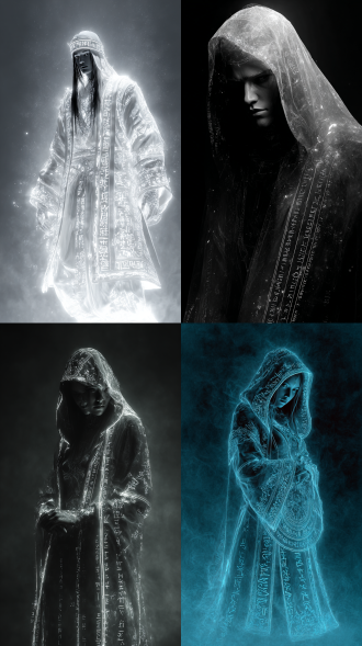设置一个纯净的单色背景，描绘一位被发光的魔幻服饰所包围的人物，服饰上装饰有精致的符文和经文，它们不仅增加了服饰的美感，也赋予了它生命力。人物的眼神坚定，仿佛在面对未知的挑战。整个画面充满了压抑和沉闷的气息，通过3.1模型展现出高度的抽象艺术感和独特的魔幻氛围。
