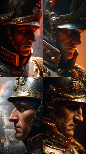 拿破仑战役，海滩，写实真实，硝烟弥漫，战火燃烧，近镜，特写拿破仑身上盔甲，壮士，武器细节，繁琐，极繁细致，光感对比强烈，皱眉，城堡围墙上，庞大，壮观，船只