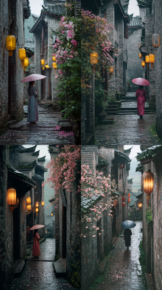 古装女子带着伞，中近镜头，人物特写，青石台阶蜿蜒向上的古镇小巷，青砖墙面泛着岁月光泽，淡雅青苔点缀石阶缝隙。两侧灰瓦屋檐垂下粉白花枝，路边挂着灯笼，暖黄灯光晕染潮湿石板路，空中飘落零星花瓣，人物比例协调，风景远，人物近，脸部特写