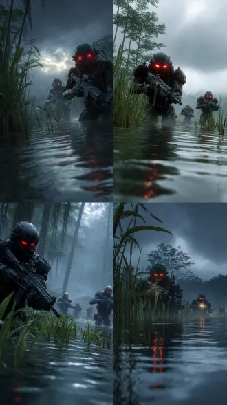 原始森林河流地，几个旧金属构造机械战甲士兵全副武装握着突击步枪，近景一个警戒前行，枪口对着正前方向，双眼闪红光，水面涟漪，倒影，背景是水里长着芦苇的沼泽地 天空阴暗，乌云密布，特写面部照，电影质感，8k超高清