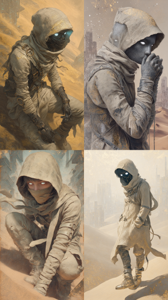 一幅超现实主义的废土风人像绘画，以俯视视角展现一位全身笼罩在亚文化美学中的角色。画面以低饱和的美拉德棕色系为主，融合黑金岩彩与金箔岩彩的笔触感，营造出磨砂肌理般的质感。角色身穿褪色斑驳的米色亚麻棉材质服装，材质柔软松弛，表面泛着银色细闪，仿佛在微风中轻轻摇曳。服装设计充满废土风的原始气息，点缀着精致的时尚金属饰品与皮革绑带，头戴兜帽，透露出一种高冷而压抑的氛围。角色的皮肤如玻璃般透明，略带污渍，银色瞳孔闪烁着未来感的光芒，仿佛陶瓷娃娃般脆弱而神秘。背景是末日沙丘与朦胧的沙漠景象，隐约可见赛博风的建筑残骸，整体画面充满科幻与梦核的怪诞感。不规则构图强化了破败与压迫感，微风轻拂，仿佛在诉说一个关于生存与重生的故事。这幅画作融合了极简风与超现实主义的丧文化美学，既是一幅杰作，也是一场视觉与情感的双重冲击。 真人形象，专业摄影，动态美学，杰作，细节丰富，超高清，超细节，细节丰富，高清渲染，细腻画质，线条清晰，高质量，最高画质，大师作品，高级感。超现实主义，肌理感，高级光渲染，细腻渲染，细腻肌理，电影氛围感，情绪氛围感。细腻真人皮肤纹理。