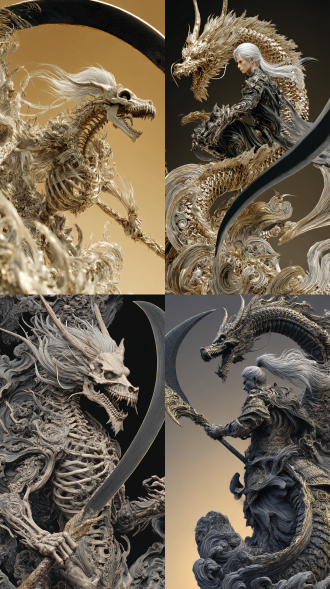 3d 引擎渲染，精细刻画，24k 超高清，水墨渲染，一个超级巨大的骨架龙，背后日落西山，骨架和一个超高清东方第一帅男人合体，白发，头发发丝细腻，人的身体由水流组成了战衣，手拿东方黑金骨爪，另外一只手拿巨大黑色符文弯镰刀，镰刀巨大，帅气的头像，展翅，怒吼，系列刻画到位，身周汇聚出几条漩涡水流，漩涡水流缠绕身前身后三圈水流，骨架逼真，超高清 24k, 黑色渐变华丽的饰品和纹理，黑色水墨皴染效果，黑白渐变的体积光照采用虚幻引擎5与octane渲染，24k分辨率。