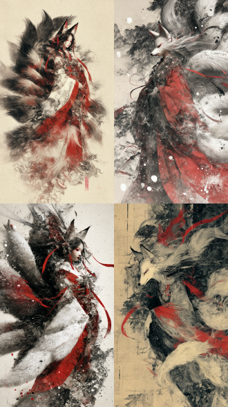 九尾狐幻化为人，古风，背景书画空卷轴。穿着红白色白羽衣，人物像是从卷轴中走出，衣服饰品复杂，繁琐，高品质， 抽象，多重，狂乱，失控，空白，隐隐约约的模糊人像虚化，头发和丝带凌乱而突出，动态模糊，边沿模糊，黑白，灰度，暗黑，多重曝光，失焦，超广角，强透视，景深，高噪点，强烈的胶片颗粒感，动态美学，弥散模糊晕染，朦胧美学，夸张构图，超现实，细节生动完美，杰作