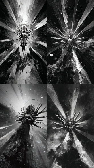 a goddess of annihilation strides through fractured dimensions, her legs becoming weapons of aesthetic warfare. silver streaks slash like blades across monochrome chaos, while acrylic textures erupt into volcanic topographies. the zenith-angle lens crushes space into a singular point of impact—where gothic darkness collides with ink-wash spirituality, and every pixel vibrates with destined violence.unconventional compositional rebellion against tradition.subsurface reflections with faint luminescence千手观音， inevitable fatalism woven into gothic grandeur丰腴 mahakala-inspired极致黑金液态鎏金 (ultimate blackness) glitch-art distortions with high-noise granularity razor-sharp acuity meeting zenith-angle fisheye perspective 16k 三头六臂千手千眼