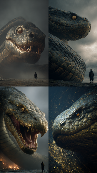 北欧巨蛇耶梦加得，末日暗黑风格，巨大，霸气，压迫感强，有怪物的样子还标记了习性，弱点，人类大小对比，等，写实，描金，色彩缤纷，虚幻5效果