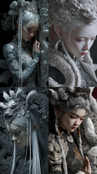 东方美学，精细三维渲染+赛博水墨美学+色彩晕染，银色华丽的饰品和纹理，中国东方神女，神秘氛围，局部深浮雕雕刻回形纹云雷纹及饕餮纹身，又有创新设计感，营造出神秘、沉静氛围，如梦里的妖娆，强烈的明暗对比，突出主体，祸国之美，灰白色长发毛精致浓密厚实藏着彩色发辫，cg虚幻引擎，迷离变幻的场景，32k超清画质，人物毛孔刻画细腻，发丝细腻清晰，单手结印，神秘莫测，九条白色狐狸尾巴