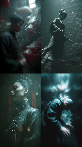 梦核。科幻，中式恐怖暗调，图片中人物保持动态模糊，c4d，3d建模，oc渲染。光线追踪，动态模糊，景深，超现实主义，深灰，画面通过细腻的丰富的色彩层次塑造主体与场景，质感真实，暗黑风背景的光影效果营造出氛围，整体兼具艺术幻想感，夸张的广角透视效果，耀光，反射，