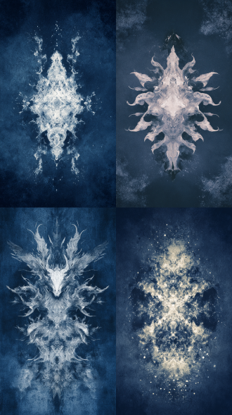 对称，怪诞童话，深蓝背景，重构，弥散光学，低饱和度，色调温和而富有梦幻色彩，空灵，柔和，笔触感，最美丽的混乱形式，充满想象的构图，极简，古典，枯金色，黑，灰白，颗粒全息打印，釉彩，3d，极致华丽，故事感插画，天野喜孝风，恶魔