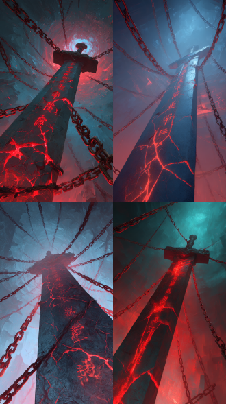 中式玄幻概念设计，倾斜的镜头，低视角仰视，冷色调为主的冷暖对比画面，体积光，剑池，巨大的古老魔剑，剑身红色的裂纹，剑身纹着红色符文，符文闪耀着红色的光芒，困于大阵之中，数条青铜锁链分别从不同方向而来缠绕剑身锁住魔剑，阴森的场景，中式恐惧，强对比，伦勃朗光