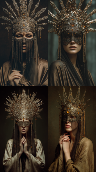 一个戴着带有东方奇幻元素的神秘哥特式青铜面具的女人，面具上有高耸的金属冠状结构、错综复杂的金银细丝图案，面部覆盖着深色薄纱，面具配有琥珀色宝石和金色装饰、飘逸的流苏和珠子，此人穿着华丽宽袖服饰摆着诡异姿势,全身展示,全身照,浅景深背景,阴郁而高贵,暗黑奇幻美学,超精细,8k,电影级灯光效果。真人形象，专业摄影，杰作，细节丰富，超高清，超细节，高清渲染，细腻画质，高质量，最高画质，高级感。超现实主义，电影氛围感，情绪氛围感。呈现栩栩如生的质感，光线处理极为写实，画面细节锐利清晰、毫无模糊。 纯欲风，纯欲脸，绝世美颜，面容精致、美丽。眼睛绝美，淡妆，锁骨，女人味。