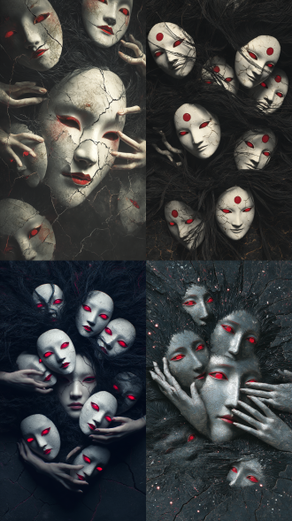 意识流，抽象，随机组合元素，黑暗神秘主义风格，日式妖怪，凌乱的黑色粘稠长发下是七个随机大小随机位置的红眼女性陶瓷面具，从缝隙中伸出苍白的八条手臂。细节丰富，质感逼真。采用oc渲染技术，画面细腻，光影层次分明，风格独特，点缀发光元素，增强视觉冲击力。氛围诡谲，大师作品。