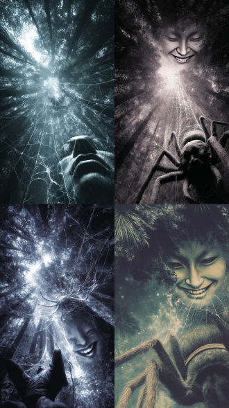 意识流，抽象，随机组合元素，黑暗神秘主义风格，日式妖怪，极端仰视视角，近地仰拍，近景是被蜘蛛丝捆住的惊恐男人，男人上方的茂密树林遮蔽了天空和光线，黑暗中出现的是头在下阴笑着攀附在树上的巨大女人脸蜘蛛。细节丰富，质感逼真。采用oc渲染技术，画面细腻，光影层次分明，风格独特，点缀发光元素，增强视觉冲击力。氛围诡谲，大师作品。