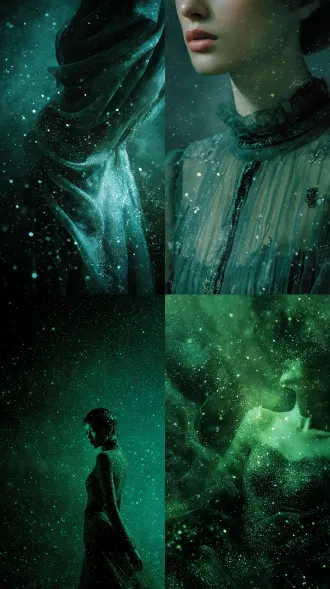 “画面整体呈现深邃且富有空灵感的视觉效果；背景以深绿色为主色调，表面布满细腻星尘感（类似星空材质）；核心展现柔和的女性时装曲线美，整体氛围低调、沉稳又不失精致，