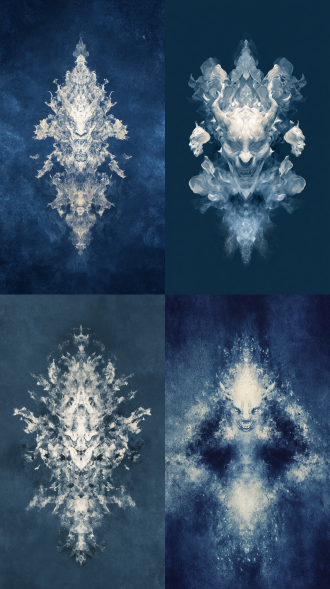 对称，怪诞童话，深蓝背景，重构，弥散光学，低饱和度，色调温和而富有梦幻色彩，空灵，柔和，笔触感，最美丽的混乱形式，充满想象的构图，极简，古典，枯金色，黑，灰白，颗粒全息打印，釉彩，3d，极致华丽，故事感插画，天野喜孝风，恶魔