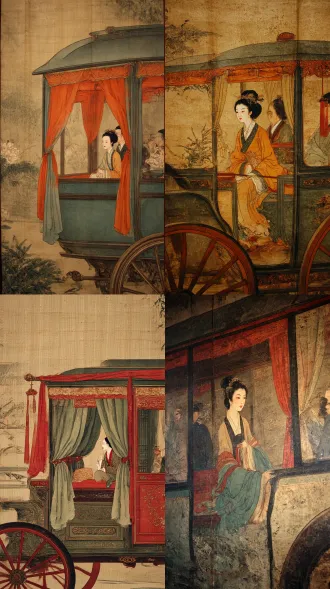 新中式风格结合印象派风格，但笔触更细腻，纹理精致。色彩明快但饱和度偏低，接近自然色。 迎面仰视角度。 风吹起了轿子侧面窗子的帘子，皱褶流畅。透过侧面窗户，能看到里面坐着一位清朝贵妇，侧身端庄，一眼万年，貌美，温婉，目不斜视，眼看前方，柳眉，细长丹凤眼。