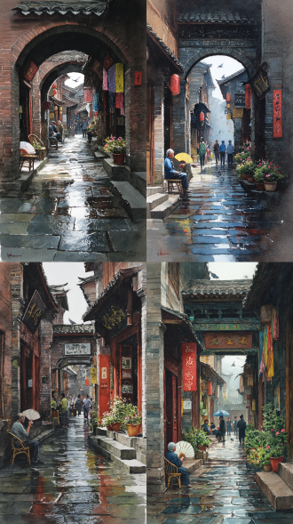 水彩写生，层叠晕染，极繁主义，低角度视角，暗色调。雨后的古镇老巷小景。潮湿的青石板被雨水浸得发深，零星水洼里映着巷口牌坊的飞檐与空中掠过的灰鸽。两侧商铺是砖木结构的老房子，暗红色木门上贴着褪色春联，彩色绸布装饰的“酒坊”“糕点铺”招牌随风轻晃，门口石阶上摆着满盆的月季、茉莉，花瓣沾着水珠格外鲜亮。游客沿着巷子错落分布，近景处老人坐在竹椅上摇着蒲扇，中年夫妻举着相机拍屋檐雕花，远景里穿汉服的姑娘提着裙摆小心走在石板上。阳光穿过屋顶的瓦缝与枝叶间隙，在地面洒下细碎光斑，与商铺里透出的暖光、水洼里的倒影相映，让潮湿的古巷满是鲜活的烟火气。
