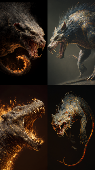 古山海经凶兽梼杌，口中长牙，尾巴长带火，末日暗黑风格，巨大，霸气，压迫感强，有怪物的样子还标记了习性，弱点，人类大小对比，等，写实，描金，色彩缤纷，虚幻5效果