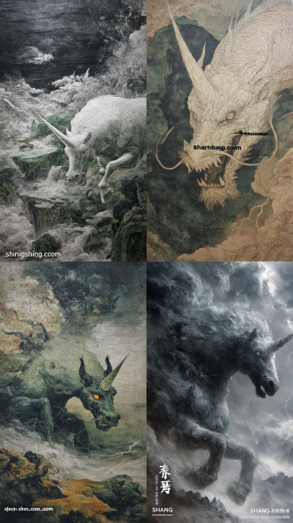 北宋时期风格油画白色黑色绿色彩旧版图高清 ,神话,传说,山海经，黑神话,禁忌,怪兽,魔物,湿润,倒影。 神明世界。一张由半透明水晶构成的一只庞然上古巨兽独角兽，望其身躯一眼，便会产生一种巨大压迫感，整体形象霸气无比，其庞大的身躯给人窒息之感，威压十足，巨大晶体独角张开，便能覆盖整座大山，整个画面宏大，更加添加巨兽身型，深渊巨口张开变能吞噬一片大地，其疾驰狂奔与水晶平原之上，咆哮而出，震撼拉满，身体四周外泄而出的狂暴能量缭绕翻滚，长相凶猛，低下头俯视着，望着凶猛翻滚的碎裂大地，雾霾，雷霆，风暴，电闪雷鸣，天空呈现出暗影。动态模糊强化携带速度线残影，超广角强透视构图，动态模糊边缘虚化，强烈胶片颗粒与高噪点质感，弥散晕染的暗部层次，张力十足，压迫感，细节生动完美。 威胁压迫感，极其震撼的一幕，光影彼此交织错杂的梦幻感，朦胧，过曝，双重曝光，电影级构图，视觉冲击，8k画质，超清，极致细节，极致刻画，清晰的线条，高对比。
