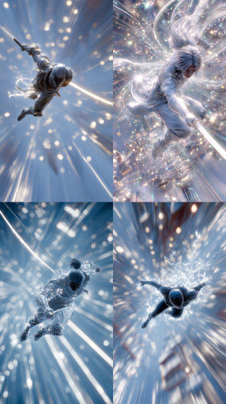 一名身手矫健的武林高手如迅猛的流星般从高处俯冲向下挥刀砍杀敌人，刀身反射出耀眼的寒光，散发出肉眼可见的杀气腾腾，由幽灵粒子组成的能量流动至布满全身，身体周围环绕着湍急且极具动感的气流，动态模糊，径向模糊，边缘模糊，大量紧贴人物动作的锐利速度线。纵深引导线构图方式。 bjd质感+肌理感，ue5渲染，真实渲染，雾化光源，虚实反复穿插，非传统构图的艺术，耀变并反射，微光。背景是上下镜像平行世界对称构图，上下颠倒，万家灯火，古风建筑连绵起伏，规整错落的房屋，错落有致。歌舞升平，宏大叙事感。极繁主义。超高清分辨率，最佳品质，c4d，32k壁纸，纯色磨砂细颗粒质感极简背景，8k超高清微妙的光泽，液态钻石水晶甲，极其复杂的花纹和光影特效，圣斗士，动态模糊强化携带速度线残影，全局朦胧模糊效果，淡彩调暗光环境，多重曝光与失焦叠加，超广角强透视构图，动态模糊边缘虚化，强烈胶片颗粒与高噪点质感，弥散晕染的暗部层次，夸张扭曲的人物轮廓，超现实景深控制，细节生动完美，8k杰作级暗调摄影。浑身流光溢彩，一双巨大钻石翅膀熠熠生辉