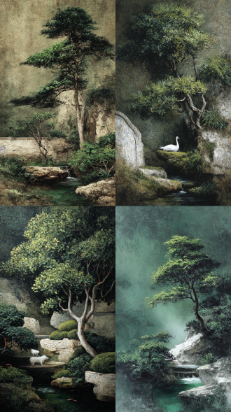 北宋时期风格油画白色黑色绿色彩旧版图高清，写实，抓拍，厚涂，画面无瑕疵，极繁主义，不对称构图。磨砂感、极具艺术感、震撼人心、视觉冲击力，突出立体感，极高色彩饱和度，暗部叠加，特写，超高清，oc渲染，cg厚涂，电影质感。白化猎豹，树，假山，小溪。