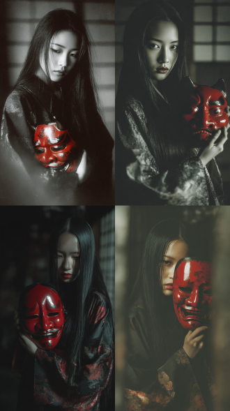 荒木经惟摄影风格、暗黑忧郁，黑白胶片质感、故事感、光影氛围、侧光、光斑照在脸上、东方绝色美少女，亮泽长发，穿着华丽日式和服、手里拿着一个华丽的红色鬼怪面具遮住一半脸、日本室内，前景虚化、潮湿阴郁的环境