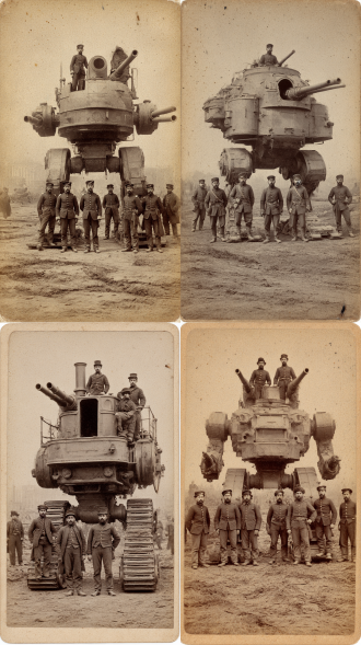 a vintage 1860s sepia tone photograph, faded with age with high contrast and washed-out details. the picture resembles an old archival snapshot taken with a cheap film camera, showing uneven focus, heavy motion blur, and strong film grain. the photograph depicts a group of civil war era union soldiers posing around a large steam-powered mecha, walking machine. the mecha is armed with two canons and a gatling gun, a hatch up top is open and the top half of crewman is visible poking out of it. the scene is on a battle scarred civil war battle ground