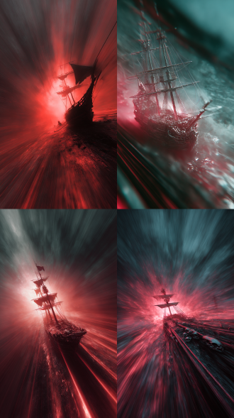 奇幻写实风格，深渊边境黑雾翻涌，空间被黑雾腐蚀出孔洞，亡灵巨舰（船身嵌满骸骨）带着死寂气势驶来，腥臭气流裹挟怨灵顺着舰首方向汹涌，散发着吞噬气息，风卷着腐朽布幔仿佛要同化一切，画面采用平视角（侧拍），以墨黑+暗红（怨灵光）冷色调为主，增强死寂压迫感。动态模糊强化黑雾与怨灵速度线残影，超广角强透视构图，动态模糊边缘虚化，强烈胶片颗粒与高噪点质感，弥散晕染的暗部层次（黑雾深处），张力十足，威胁感，细节生动完美。极其震撼的一幕，光影（怨灵红光与黑雾阴影）交织错杂的梦幻感，朦胧，过曝（怨灵微光），双重曝光，电影级构图，视觉冲击，8k画质，超清，极致细节，极致刻画，清晰的线条，高对比