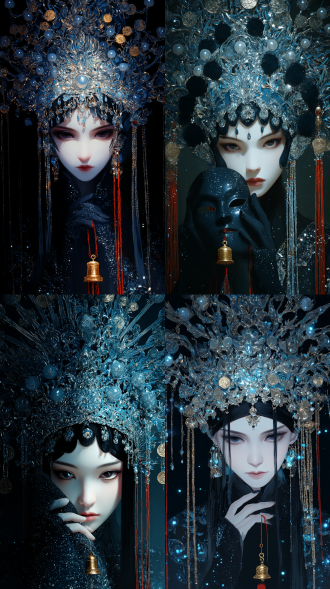 插画，冷白皮肤傩戏，美女，黑色深邃瞳孔散发金属,色冷光，精美繁重的傩戏头饰，发饰，黑色蓬松长头发，绝美的容颜，刻画五官，五官立体，面部距离，眼尾细长，绝美的眼睛，眼神冰冷，高级感，超高清画质，手指修长，手里拿着傩戏面具，黑蓝系，明暗对比，强光，金色铜钱链条，红线上挂着金色小铃铛，背景符纸，铜钱，红线，清冷，妖治，邪魅，妖艳，疯批，病娇，图片风格为cg 厚涂,cg 厚涂，游戏cg ，丰富的色彩层次，质感细腻，真实光影，精致的细节。,以厚涂油画的艺术风格进行创作，特写镜头聚焦在主体身上，周身闪耀着蓝色圣光，鲁米诺光粒，处在黑色背景的场景里。神秘美学与梦核氛围充斥着整个画面，散发的透明光若隐若现，呈现出清爽不油腻的视觉感受，模糊朦胧、空灵迷幻的效果让她的形象美丽庄严，边缘模糊且带有晕染的修饰效果，增添了梦幻色彩，金箔， 完全由光和影组成，没有实体的形态，圣神，裁决，未来感，压迫感，审判者，动态模糊，抽象，优雅，灵动，优美，艺术，高级，通过光线的明暗变化来塑造出人物的形状，在不同的角度和光线下呈现出不同的效果，具有一种虚幻而神秘的美感