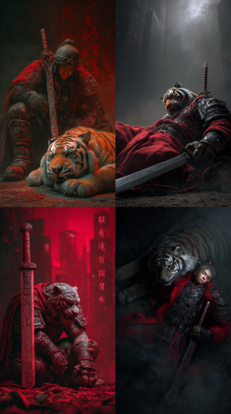 中式怪异，黑暗神秘风格融合中式美学，现代都市背景，黑暗中的诡异。趴伏在地面的狩猎形态，倾斜构图，地狱之虎，穿着重甲红披风肩抗巨大玄铁虎头刀的虎头猛将巨人。超巨型身体，极端强壮，身体宽厚