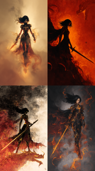 板绘数字艺术。原画风格。这个女角色在玄幻小说世界。 丙烯油画，混乱光影，霸道，强壮，烟雾袅然，极致细节，黑色，红色，金色搭配，水墨泼洒，豪放，暗黑风格，霸主，万夫莫敌，由纯粹的流动火焰和金色烟雾形成的身躯，发光眼，黑雾和笼罩的脸部，飘扬的黑发，，长柄武器。超长破损火焰披风，骄傲，霸气，入魔，夹杂火星的烟雾形成的邪龙。动态模糊强化携带速度线残影，超广角强透视构图，动态模糊边缘虚化，弥散晕染的暗部层次，张力十足，压迫感，细节生动完美。威胁压迫感，极其震撼的一幕，光影彼此交织错杂的梦幻感，朦胧，过曝，双重曝光，电影级构图，视觉冲击，8k画质，超清，极致细节，极致刻画，清晰的线条，高对比。 柔和的光线，边缘光，，超高分辨率，8k，最佳质量，杰作。正面视角。她的腰腿线条饱满匀称，梨形身材透着健康的力量感，不见丝毫臃肿。背景全白！全身像！ 双色火焰，金橙与幽蓝交织，动态能量漩涡环绕，长枪上半炽热火焰，下半幽蓝灵火，能量汇聚点，发光粒子飞溅，精致金色纹饰，暗黑背景，强烈视觉对比，奇幻风格，史诗感与威严