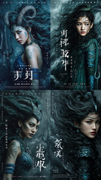 电影写实中国神怪，山海经，全景，全身造型，夜叉女长相，女性角色，头上长有一根独角，身上有混乱纹理，两颗獠牙，妖媚眼神，中国古代盘发，形似舞娘，眼神带点凶狠，身材婀娜多姿，身上带有鬼气，带着青色护腕，靛蓝色鳞片皮甲，通过面部神态精准呈现，写实风格暗黑，超清画质32k景深，自由构图，光影交错，高细节，凌乱的头发，蓬松飞扬，细闪，正面，头饰，发丝飘荡交织，露出了青绿色的肌肤与幽蓝的眼眸，四周的海洋气息浓郁无比，让人完全不敢靠近，渐变异常，粗糙纹理，背景混乱，海面波涛，暴雨阴云，蓝发，随机动作，中式怪诞风格，不和谐构图，海岸环境，手持三叉戟，