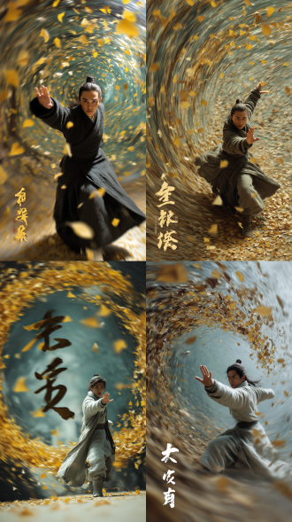 真人电影，金庸小说中的张三丰，弓步出右掌，左手出掌，一道可视化枯叶旋涡状气流从手掌向人物后方延伸冲击波，气流带着大量的枯黄叶片形成圆形状，冲击性对角线构图，动态模糊，极速飞行，环境全部因为速度向后模糊，剩余空间全部留给手掌和旋涡气流。透视，极远景仰视