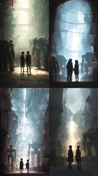 同一个世界的街道中间分开了一条线，左边是蒸汽朋克建筑，左边站一排金属傀儡，背景阳光明媚，繁华赛博朋克化城市街道。右边是科技文明，站着一排机甲，提现一种前世今生的氛围，氛围感拉满，模糊雾气，冷色调；两人实为同一人，一样的身高，一样的长相，面对面站立，相互注视，用目光交流，各伸出一只手，相互击掌。4k画质，体现一种阴阳相隔，时空错配，超神秘超现实写实。真人摄影写真。图片风格为写真。32k画质，细节细腻，大师杰作。