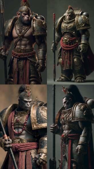 暮色图片风格为cg 厚涂,cg 厚涂，游戏cg ，丰富的色彩层次，质感细腻，真实光影，精致的细节。,主角是吕布和战锤40k极限战士的结合体，身高九尺开外，亚洲人，身材高大健硕，猿臂蜂腰，面似傅粉无胡须，头戴红色三叉束发紫金冠，身披暗金兽面吞头连环科幻动力机甲，机甲镶嵌着暗红色宝石，腰系勒甲玲珑狮.蛮带，披着宽大的披风，手持黑杆方天画戟，双手装备着巨大的动力拳套，。全景, 全身镜头 又似在震慑着无形的魑魅魍魉 。高分辨率。渲染直出。摄影后期处理。充满惊悚、怪异的视觉效果，让背景与前景在青灰冷调光线中相互交融。 实现超现实的写实cg风格8k画质，32位pbr材质流程结合光谱渲染引擎，呈现出光影对比强烈、细节繁复、动态感拉满的大师级作品