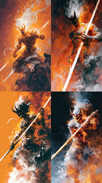 火魔从焚天烈焰中走来，高清8k，电影质感。全身被烈火包裹，气势磅礴。手握冒火的火尖枪。loish流动色彩风格，液态颜料随肢体飞溅成抽象野兽派笔触，白色黑色，面部模糊，夸张的肌肉，液态铠甲，闪光的白色长枪。浑身缠绕着白色黑色颜料飞溅形态的烟雾，丙烯颜料，油画，使背景与前景相互融合，黑暗，采用非传统的构图方式，打破常规