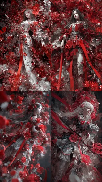 时尚， 女子立绘，巨复杂！！！几乎全身被银色红杜鹃花纹覆盖，流苏，花，巨华丽，多装饰，古风衣，长头发，3d引擎，oc渲染，cg半厚涂，主要红色渐变全身，小物！！全身镜头。图片风格为暗黑，，宝剑 死神石田雨龙，，灭却师形态，手持灭却师能量弓箭，古风，背景静灵庭。身穿银白色灭却师套装，人物像是从空中走出，衣服饰品复杂，繁琐，高品质，背景彩色 ，抽象，多重，狂乱，失控，空白，隐隐约约的模糊人像虚化，头发和丝带凌乱而突出，动态模糊，边沿模糊，黑白，灰度，暗黑，多重曝光，失焦，超广角，强透视，景深，高噪点，强烈的胶片颗粒感，动态美学，弥散模糊晕染，朦胧美学，夸张构图，超现实，细节生动完美，杰作。超广角强透视构图，张力十足，压迫感，细节生动完美。极其震撼的一幕，视觉冲击力强，光影彼此交织错杂的梦幻感，朦胧，明暗对比强烈，阴影过渡自然，电影级构图，视觉冲击，8k画质，超清，极致细节，清晰的线条，高对比，大师级别的作品。立体渲染，精细画笔，超细腻笔触，线条流畅，超清画质，完美品质，高质量，自适应饱和度，专业级打光，大师杰作，自由视角，阴影过渡自然，氛围感，高级感，意境，亮闪，唯美，宿命感拉满，弥散粒子，画面具有层次感。视觉冲击，故事感，高级感，动态感。