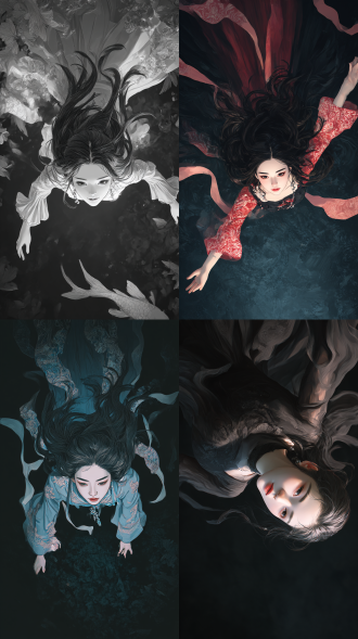 空山基插画风格，插画大师，写实，抓拍，厚涂，画面无瑕疵，极繁主义，不对称构图。磨砂感、极具艺术感、震撼人心、视觉冲击力，突出立体感，电影海报，黑暗风格，仰视镜头，一个年轻女巫，长发飘飘，脸型精致妆容精致鼻梁高挺，皮肤白皙，底妆通透，肤色均匀自然，纯欲风，发丝清晰可见冷白皮盘发，眉间痣，天上飞翔，身体俯冲向下，正面朝下，双臂自然伸展。中式含蓄唯美艺术感。服饰复杂，宽大袖子，柔软，刺绣，暗纹，褶皱柔软流畅，质感，衣裙被风力托起，飘带缠绕飘起，夸张动感。首饰，全身照