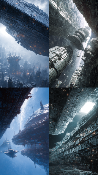 巨大星球，巨大未来星舰，科幻风格，未来感，画面震撼强烈，超巨大物，赛博朋克，机甲人群，近景， 中景，远景，超现实，灾难片，银翼杀手，暗黑风格，细节精美高清