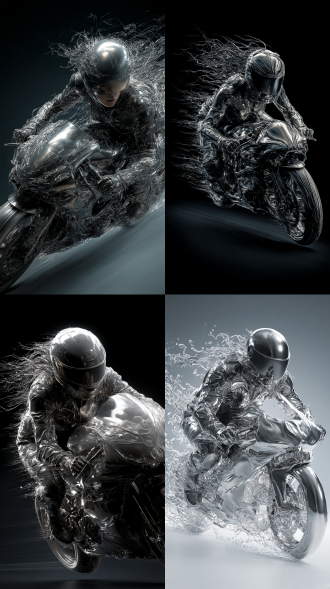 一个完全液态金属材质男性、液态金属全覆盖头盔、凌乱液态金属发丝在头盔后飞扬，驾驶流线体液态金属摩托飞驰而过，展现出动态层次和极致质感，采用广角镜头、细节清晰详尽，cg渲染、c4d构图，竖版海报类型