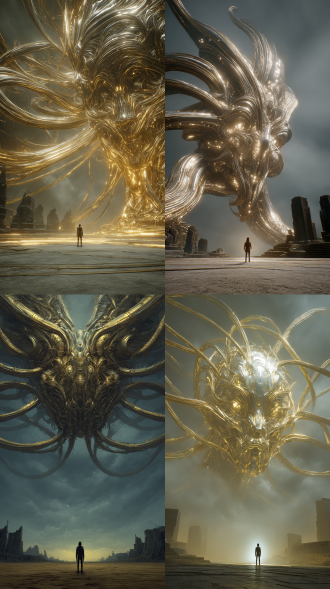 画面中，一个身形渺小的人物独自站立在开阔的场地上，面向前方。人物周身散发着微光，在整体偏暗的环境中显得较为突出。 人物正前方悬浮着一个巨大的三脸外星机械生物头部，其造型复杂且极具科幻感。机械头部由大量弯曲缠绕的金属管道构成，表面闪烁着金属光泽，呈现出金色与银色交织的色调。给人一种神秘且强大的感觉。 背景是阴沉的天空，云层厚重，营造出一种压抑的氛围。地面上有一些古老的建筑残骸，增加了场景的神秘感。整个画面充满了科幻与奇幻结合的风格，机械生物的巨大与人物的渺小形成鲜明对比，突显了机械生物的威严与强大。