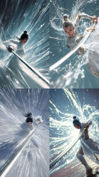 白衣美女剑士身体前倾冲刺，身体突破音障，拿着剑的左手被动态模糊完全覆盖，金属寒光长剑拉出长长的流水型残影，形成龙卷风流水，从画面远景延伸到近景特写，长剑划出无数残影，大量虚影，动态模糊，径向模糊，速度，边缘模糊，斩开雨滴，冲击性动作，划开屏幕的一剑斩，明显分界线，大量紧贴人物动作的锐利速度线。透视动态构图，运动流线构图。超广角强透视构图，张力十足，压迫感，细节生动完美。极其震撼的一幕，视觉冲击力强，光影彼此交织错杂的梦幻感，朦胧，明暗对比强烈，阴影过渡自然，电影级构图，视觉冲击，8k画质，超清，极致细节，清晰的线条，高对比，大师级别的作品。立体渲染，精细画笔，超细腻笔触，线条流畅，超清画质，完美品质，高质量，自适应饱和度，专业级打光，大师杰作，自由视角，阴影过渡自然，氛围感，高级感，意境，亮闪，唯美，宿命感拉满，弥散粒子，画面具有层次感。视觉冲击，故事感，高级感，动态感。戴着造型夸张的兜帽，面罩带有金光条纹，给人一种威慑感，增添了神秘感。二次元酷飒风，时尚主题，极具想象力，丰富联想，水彩融合油画写实风格暗黑伦勃朗，暗黑插画，张扬，蓝，银，阴暗画风，线条张力，撞色插画，线条张力展现画面冲击力 瘦长的结晶幽灵刺客，全身由黑红色结晶构成，复杂的构造，全身带有极光色的发光魔法纹路，大幅度夸张战斗动作，半蹲潜行动作。刺客信条。超广角强透视构图，张力十足，压迫感，细节生动完美。极其震撼的一幕，视觉冲击力强，光影彼此交织错杂的梦幻感，朦胧，明暗对比强烈，阴影过渡自然，电影级构图，视觉冲击，8k画质，超清，极致细节，清晰的线条，高对比，大师级别的作品。立体渲染，精细画笔，超细腻笔触，线条流畅，超清画质，完美品质，高质量，自适应饱和度，专业级打光，大师杰作，自由视角，阴影过渡自然，氛围感，高级感，意境，亮闪，唯美，宿命感拉满，弥散粒子，画面具有层次感。视觉冲击，故事感，高级感，动态感。