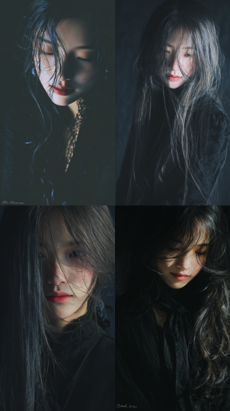 32k高清，夜晚，长发飘逸，半遮美丽开心的脸，微醺的感觉，表情细腻，自然，暗调背景，发丝光柔和，面部清晰，线条流畅，中景特写，大师杰作，高级感，神秘感