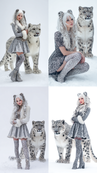cosplay少女（18-19岁）扮演雪豹娘，白色长发（头发上有豹纹），身穿雪豹纹连衣短裙，穿雪豹纹连裤袜，白色背景前，身后有一只雪豹，站在雪地上