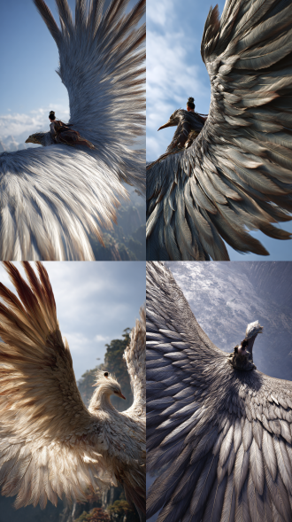 以俯视视角特写展翅的鲲鹏，展现一只身形极为巨大的鲲鹏，其宽阔无比的翅膀尽情舒展，羽翼在强劲的风中有力地鼓动，每一片羽毛都仿佛蕴含着无穷力量，貂蝉斜坐在背部中央，整体气势磅礴，震撼人心，翅膀上驮着整个世界，cg渲染，写实风格，3d，震撼，极致高清