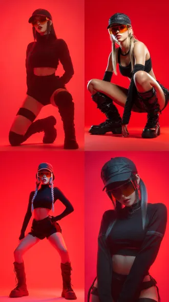 潮酷乖乖女。 奇怪夸张表情，戴着茶色渐变赛博眼镜，赛博夸张棒球帽，黑色嘻哈紧身衣，超细腰，大长腿，超大夸张低腰短裤，超大个性靴子。红色渐变背景。 虚幻引擎，专业摄影光照，大师级构建唯美画面，全图高清晰对焦。 （8k分辨率：1.4），（极致细节：1.4），（补充画面细节：1.6），（色彩高级化：1.8）