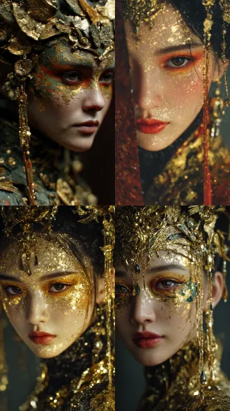 真人少女与山海经，人物半张脸，妆容艳丽，服饰华丽，配饰复杂，细节丰富，光线明暗交接，完美高光，暗黑风格，朦胧意境，暗色系，大师级笔触，金箔质感，颗粒感，高清超高清，电影画质，五官刻画精细，皮肤纹理刻画细腻，脸上白皙有光泽，32k