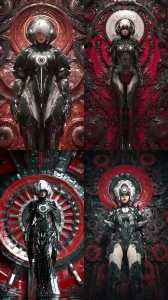 全身像，半蹲姿态，超写实，真人拍摄，女性，身穿黑色机甲战服的角色，头戴银白与黑色相间的未来头盔，头盔中央有圆形瞄准镜状图案，背景为红黑相间的对称机械纹路与环形结构，整体风格赛博朋克与科幻机械融合，极繁主义。 虚幻5引擎 ，hdr写实质感 ，ue5渲染，oc渲染，0.618黄金比例的身材曲线，8k分辨率，电影感，非对称式构图，细节清晰详尽，运用弥散光和轮廓光特写，高曝，过曝，暗调，伦勃朗光，强烈明暗对比，高反差，颓废，肌理质感，情绪氛围感拉满，慢快门，朦胧美学，层次感，摆出完美的形体造型，完美构图，超现实摄影效果。